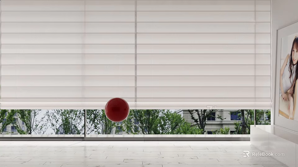 White Venetian Blinds with Red Ball and Green Trees Outside Window 3d model 