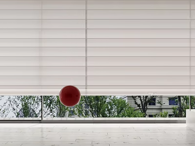White Venetian Blinds with Red Ball and Green Trees Outside Window 3d model