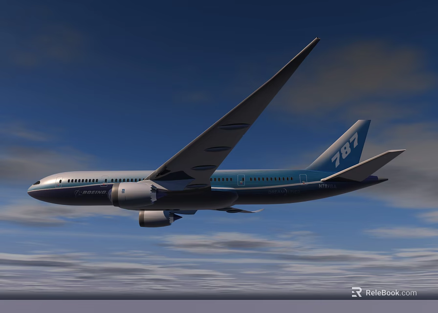 Blue and White Boeing 787 Passenger Airplane Flying in Clear Blue Sky 3d model 
