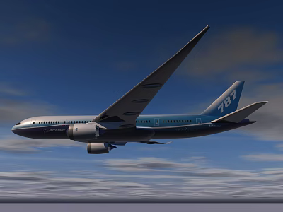 Blue and White Boeing 787 Passenger Airplane Flying in Clear Blue Sky 3d model