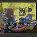 Colorful Indoor Playroom Scene With Yellow Walls Shelves Toys And Small Boat