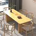 Minimalist Modern Wooden Dining Table Set With Six Chairs Green Plant And Fruit Bowl