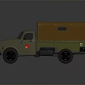 Military Green Truck With Brown Canvas Cover And Red Emblem On Side