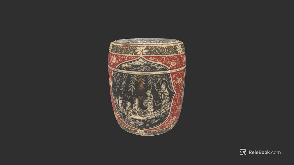 Traditional Carved Ceramic Vessel With Red Black Patterns And Figure Tree Engravings 3d model 