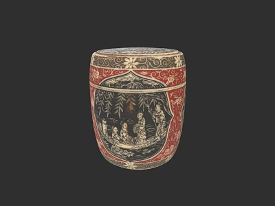 Traditional Carved Ceramic Vessel With Red Black Patterns And Figure Tree Engravings 3d model