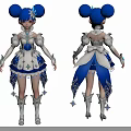 Woman With Blue Double Buns Hairstyle In Silver Blue Outfit With Star Decorations And Boots