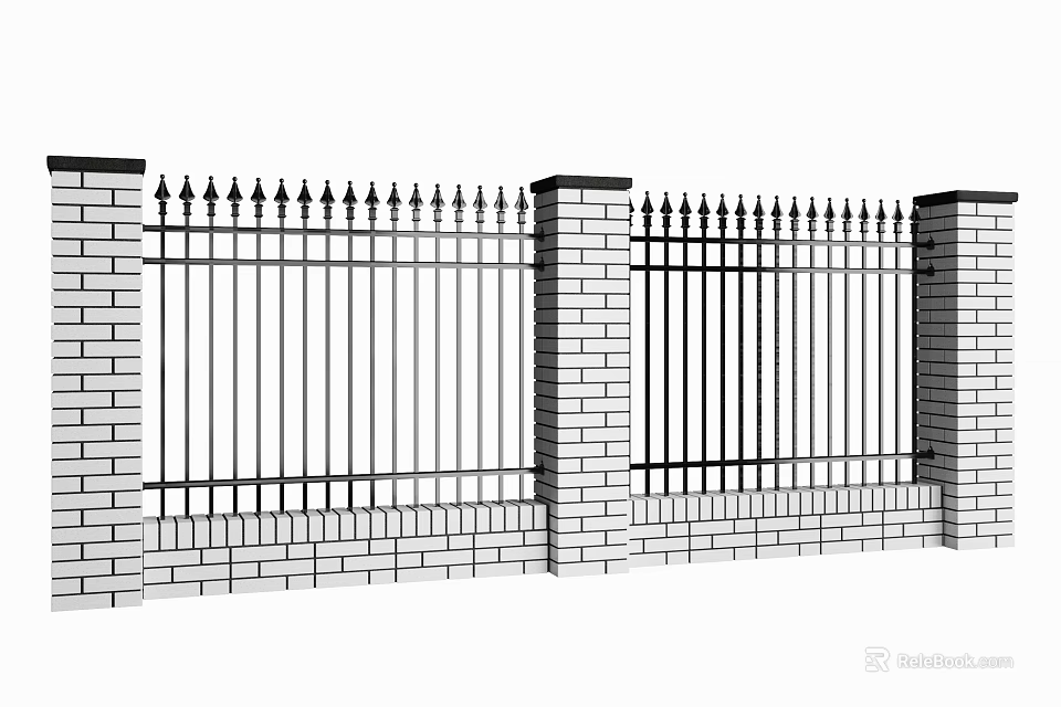 Decorative Iron Fence Structure With Red Brick Wall And Concrete Pillars 3d model 
