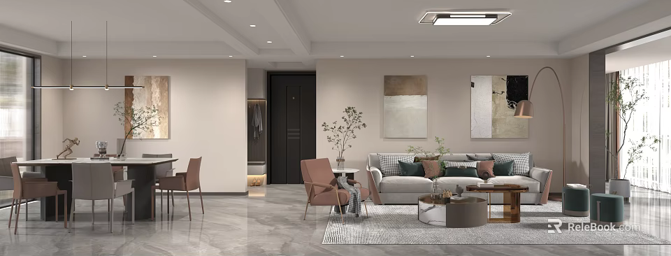 Modern Living Dining Room Interior With Sofa Dining Table And Abstract Paintings 3d model