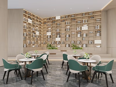 Modern Sales Office Negotiation Area With Full Wall Wooden Bookshelf And Comfortable Elegant Seats 3d model