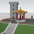 Chinese Pavilion With Yellow Roof Red Pillars Stone Steps On Green Lawn Under Blue Sky