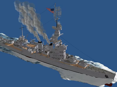 American Battleship Sailing On Blue Sea With Smoke Billowing And Flag Flying 3d model