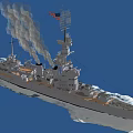 American Battleship Sailing On Blue Sea With Smoke Billowing And Flag Flying