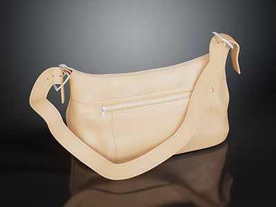 Beige Leather Shoulder Bag With Adjustable Strap And Front Zipper 3d model