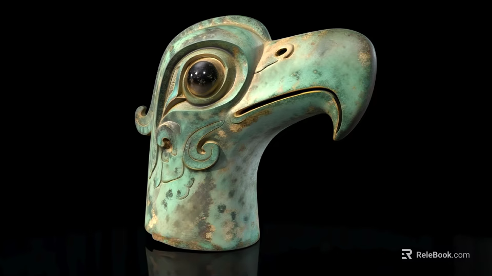 Ancient Bronze Eagle Head Sculpture With Green Patina And Carved Patterns On Black Background 3d model 