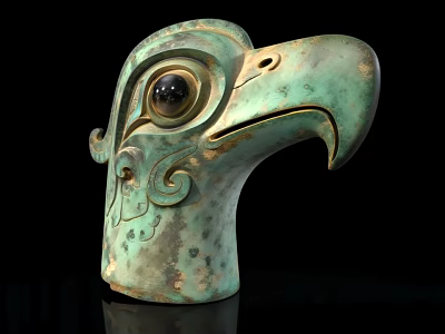Ancient Bronze Eagle Head Sculpture With Green Patina And Carved Patterns On Black Background 3d model