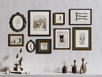 Stylish Wall Display With Various Framed Artworks And Decorative Items 3d model
