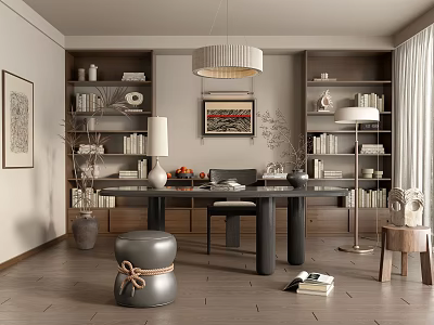 Elegant Modern Study Room Interior Design With Wooden Bookshelves Desk And Pendant Lamp 3d model