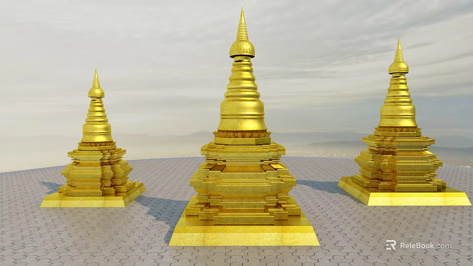 Three Golden Multi Tiered Pagodas With Spired Tops On Paved Ground 3d model