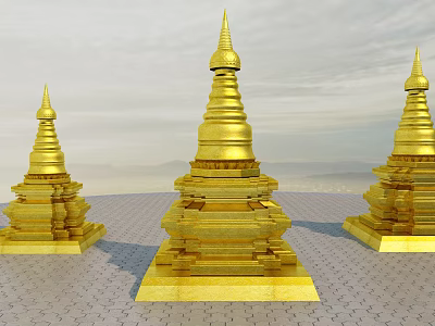 Three Golden Multi Tiered Pagodas With Spired Tops On Paved Ground 3d model