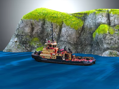 Vintage Wooden Tugboat Sailing On Blue Water Near Rocky Hills With Green Moss 3d model