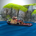 Vintage Wooden Tugboat Sailing On Blue Water Near Rocky Hills With Green Moss