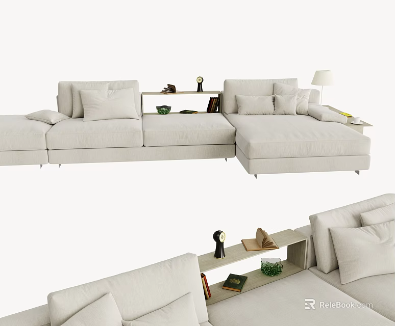 Light Beige Sectional Sofa With Plush Cushions Side Table And Decor Accents 3d model