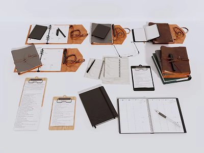 Assorted Notebooks in Black Brown with Pens Folders Clipboards on White Background 3d model