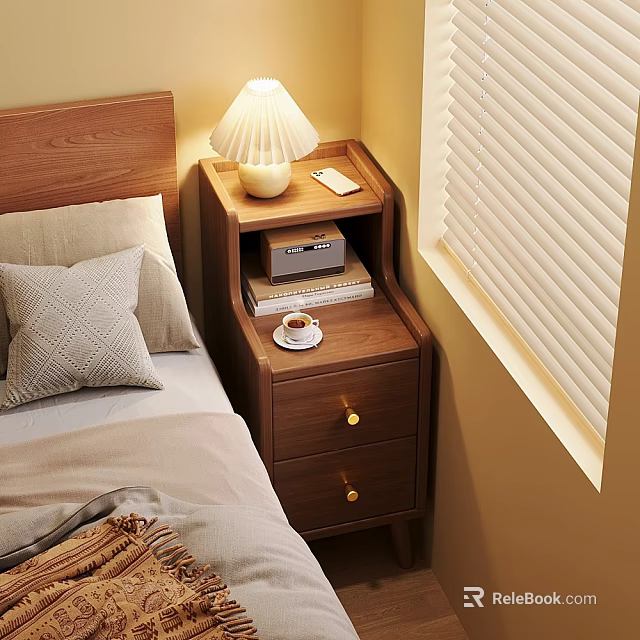 Modern Wooden Bedroom Nightstand With Drawers Lamp Radio Books Cup And Saucer 3d model 
