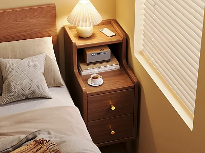 Modern Wooden Bedroom Nightstand With Drawers Lamp Radio Books Cup And Saucer 3d model