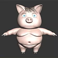 Cute Pink Cartoon Pig With Brown Hair Blue Eyes Chubby Body Standing On Black Background