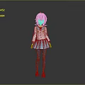 Game Movie Character with Pink Hair White Top Blue Pleated Skirt Gray Stockings Orange Shoes