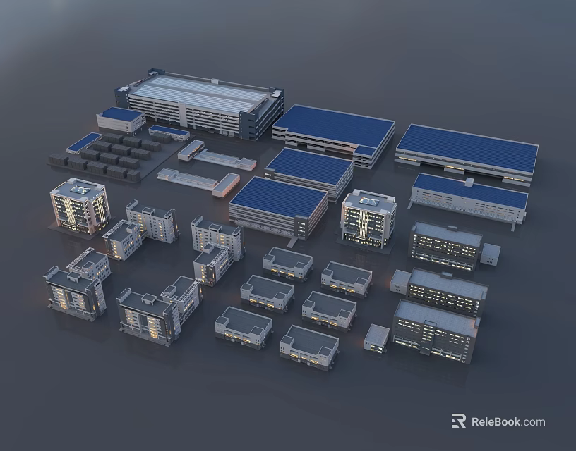 Various Types Of Industrial Factory Buildings With Blue Roofs And Complex Layout 3d model 