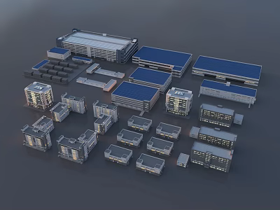 Various Types Of Industrial Factory Buildings With Blue Roofs And Complex Layout 3d model