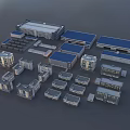 Various Types Of Industrial Factory Buildings With Blue Roofs And Complex Layout