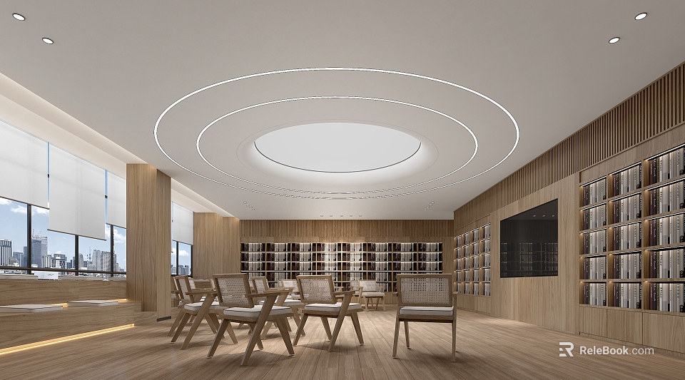 Book Art Themed Interior With Wooden Shelves And Chairs 3d model 