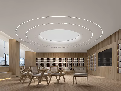 Book Art Themed Interior With Wooden Shelves And Chairs 3d model