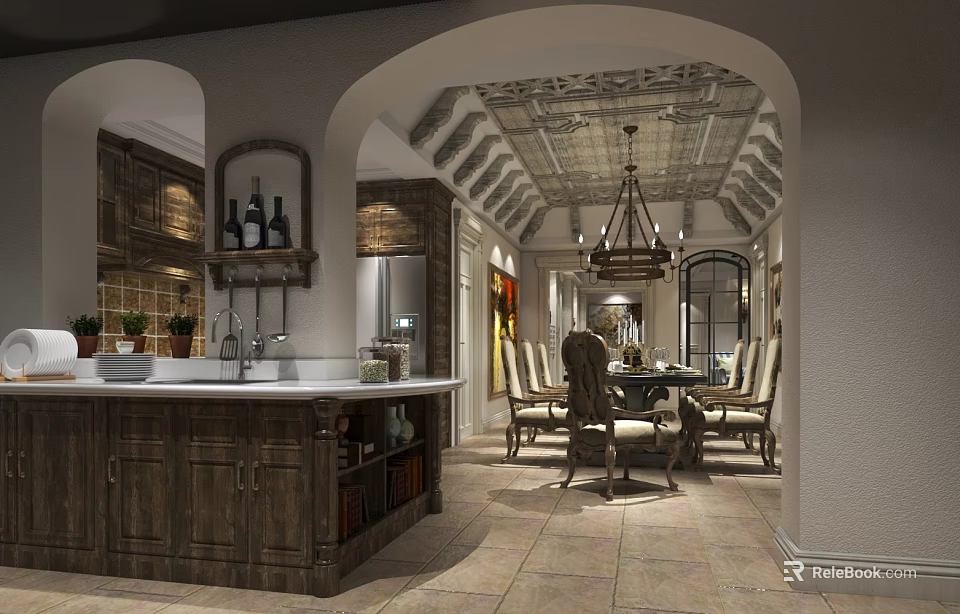 Modern Rustic Dining Room With Open Design Wooden Cabinets And Chandelier 3d model 