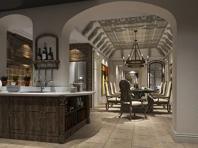 Modern Rustic Dining Room With Open Design Wooden Cabinets And Chandelier 3d model