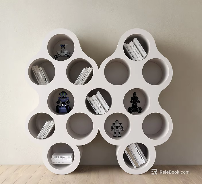 Unique White Circular Hole Bookcase With Books And Robot Models 3d model