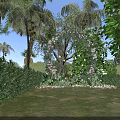 Palm Trees Lush Greenery And Flower Arch Over Water Surface In Garden