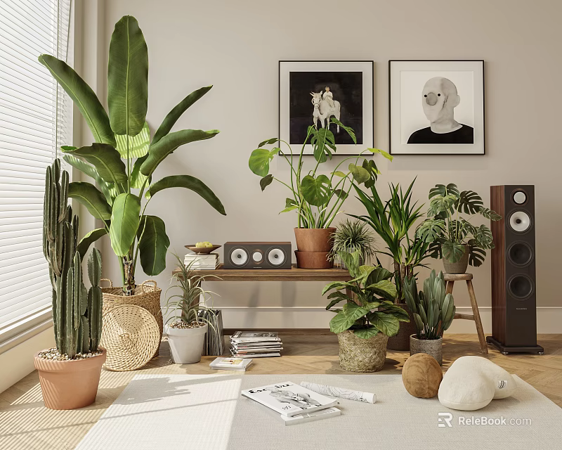 Potted Plants in Indoor Living Space with Window Blinds Wall Art Table Speakers and Magazines 3d model 