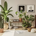 Potted Plants in Indoor Living Space with Window Blinds Wall Art Table Speakers and Magazines