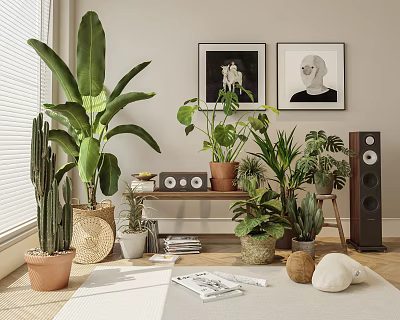 Potted Plants in Indoor Living Space with Window Blinds Wall Art Table Speakers and Magazines 3d model