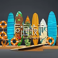 Colorful Surfboards And Decorative Lifebuoys On Wooden Beach Market Display Stand