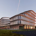 Modern Office Building With Glass Curtain Walls Green Surroundings Red Flag Cars And Pedestrians