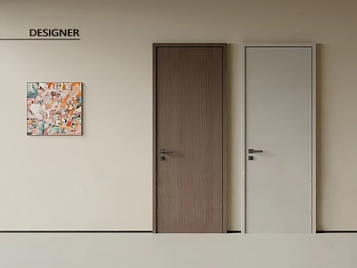 Modern Hinged Doors in Dark Brown and Light Gray with Colorful Painting on Wall 3d model
