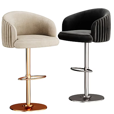 Stylish Beige And Black Velvet Bar Stools With Curved Backrest And Metal Base 3d model