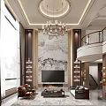 Duplex Living Room With Large Mountain Mural Elegant Chandelier Sofa And Floor To Ceiling Windows