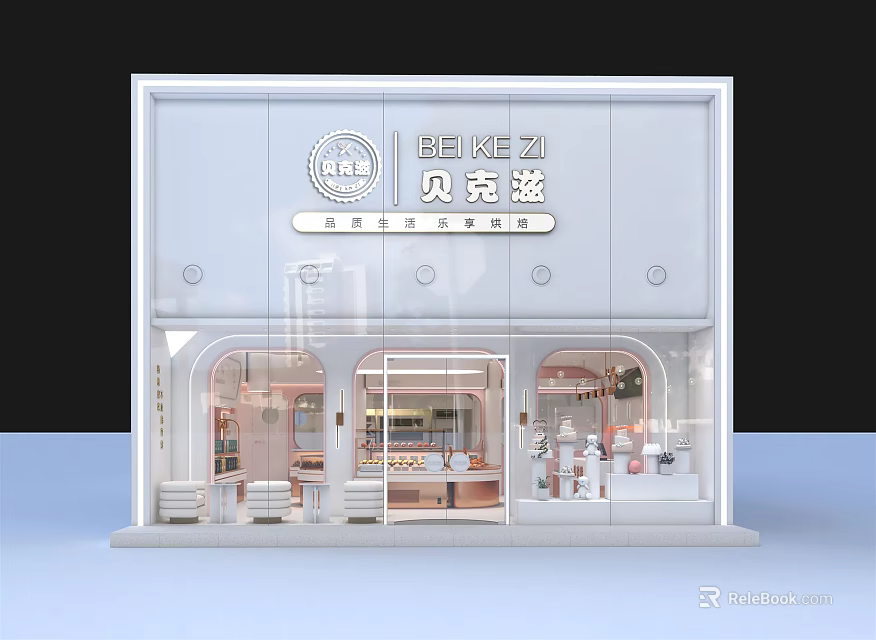 Modern Dessert Shop With Glass Facade Interior Treat Displays And Cozy Seating 3d model 
