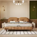 Modern Bedroom Interior With Beige Round Padded Headboard Slatted Mattress Base And Wall Lamps